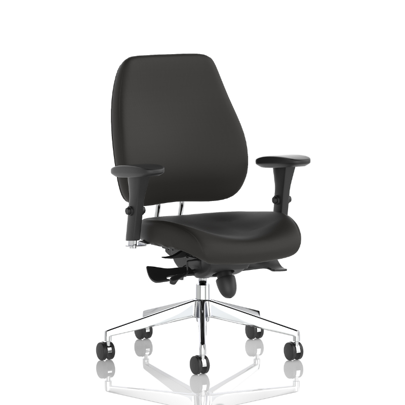 Angled view of Dynamic Chiro Plus ergonomic office chair with adjustable arms and no headrest.