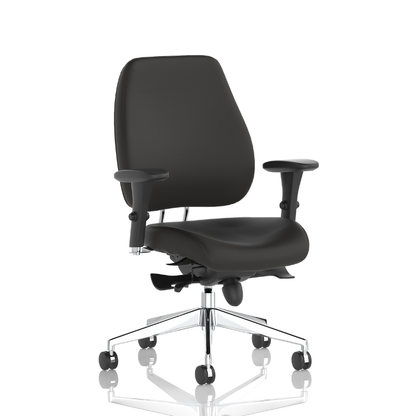 Angled view of Dynamic Chiro Plus ergonomic office chair with adjustable arms and no headrest.