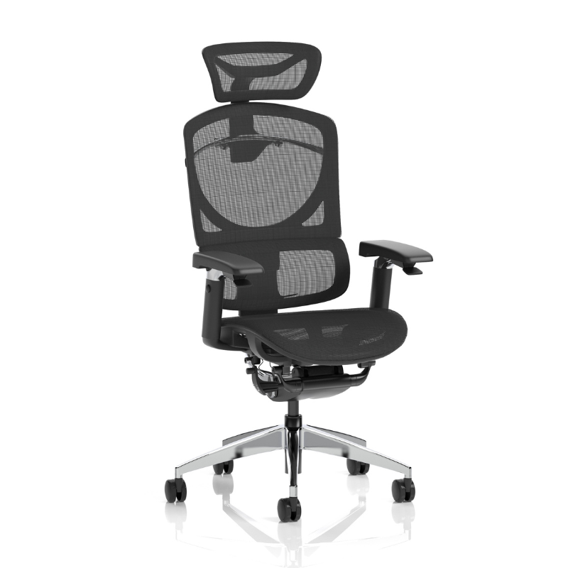 Angle view of Dynamic Ergo Click Plus ergonomic office chair with headrest in  mesh.