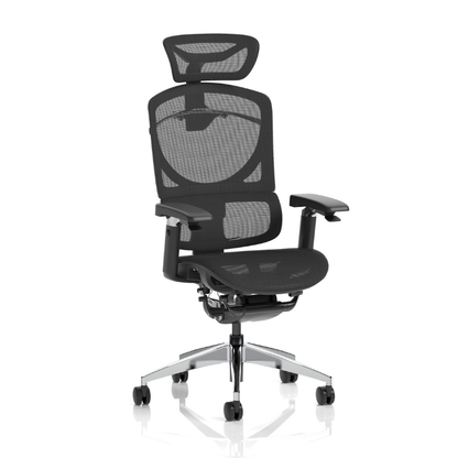 Angle view of Dynamic Ergo Click Plus ergonomic office chair with headrest in  mesh.