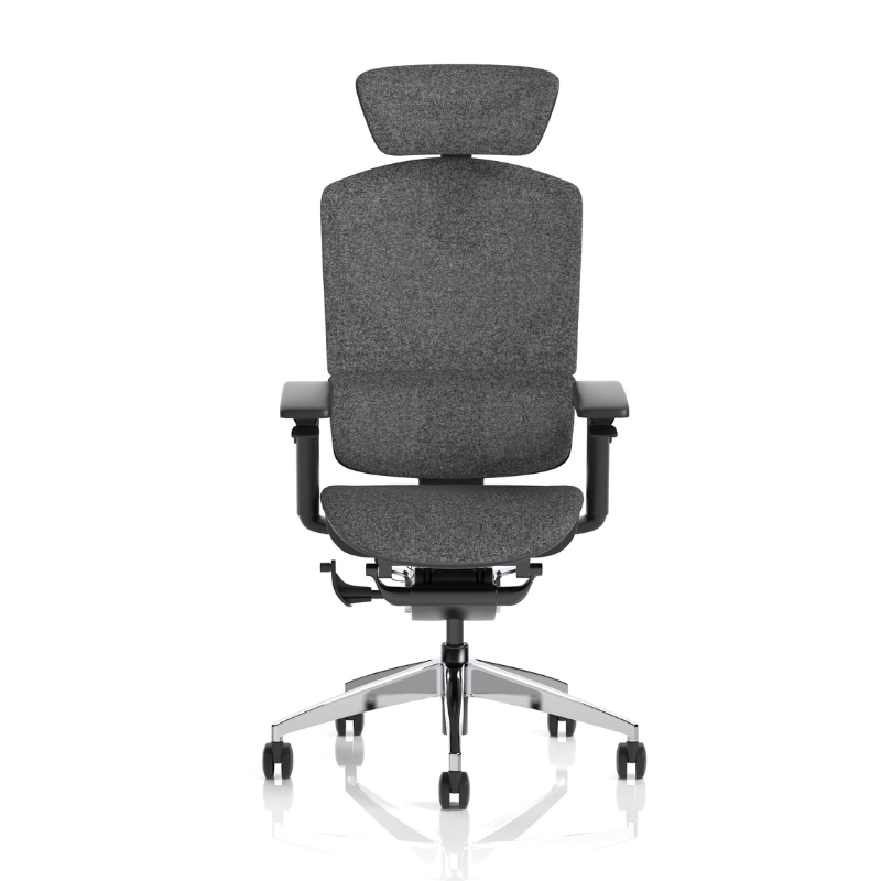 Close-up of seat and backrest on Dynamic Ergo Click Plus office chair in grey