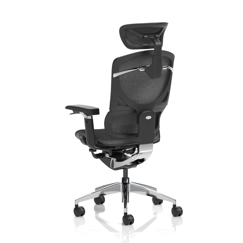 Angled view of Dynamic Ergo Click Plus ergonomic office chair with headrest in grey 