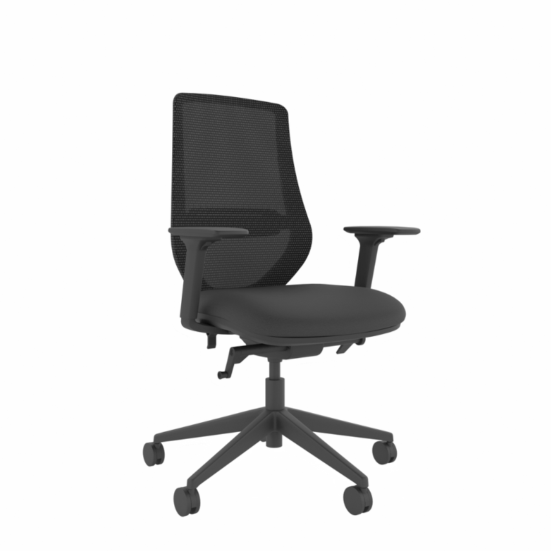 MDK Brody 5 black mesh ergonomic chair with arms, front-left view