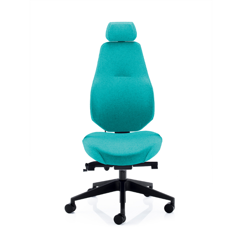 PSI Ergo Dynamic ergonomic office chair in turquoise fabric with adjustable headrest.