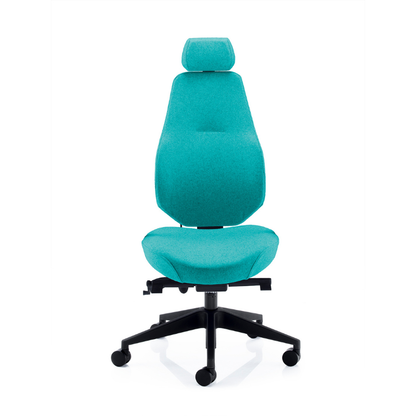 PSI Ergo Dynamic ergonomic office chair in turquoise fabric with adjustable headrest.