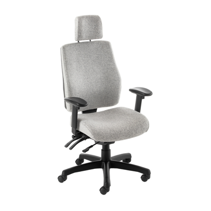 PSI Performance Posture ergonomic office chair in light grey with adjustable armrests and headrest.