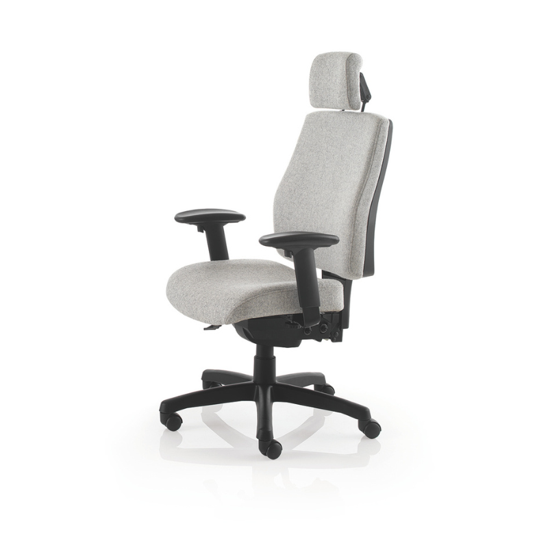 PSI Performance Posture ergonomic office chair in light grey with adjustable armrests and headrest.