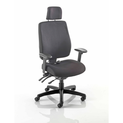 PSI Posture Plus ergonomic office chair in black fabric with head and adjustable armrests